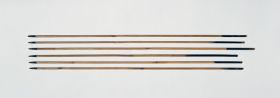 Arrows Six arrows made of light coloured bamboo cane, each with a long blunt point made of hard, dark wood that is set into the shaft with a spike.