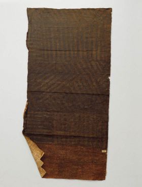 Barkcloth ngatu ‘uli Part of a very large piece of barkcloth, with broad black stripes that stands out only slightly against the blackish-brown background.