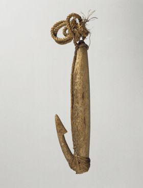 Fishhook matau Fishhook made of two pieces of bone neatly tied together, with twisted cord and lashing made of plant material.