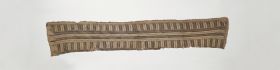 Section of a mat Long narrow piece of striped and chequered black and white matting made of ight and dark brown plaited flax strips.