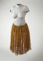 Skirt Skirt formed of fine white shred of the plantain leaf, some of them dyed yellow, and knotted to a string which fastens around the waist.