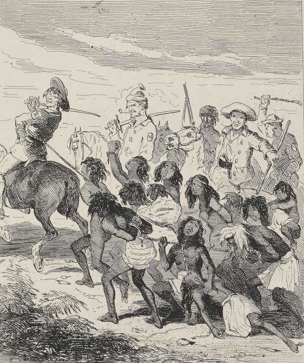 Illustration of a group of enslaved people being dragged by ropes. They are being forced along by aggressive looking men wielding weapons on horseback.