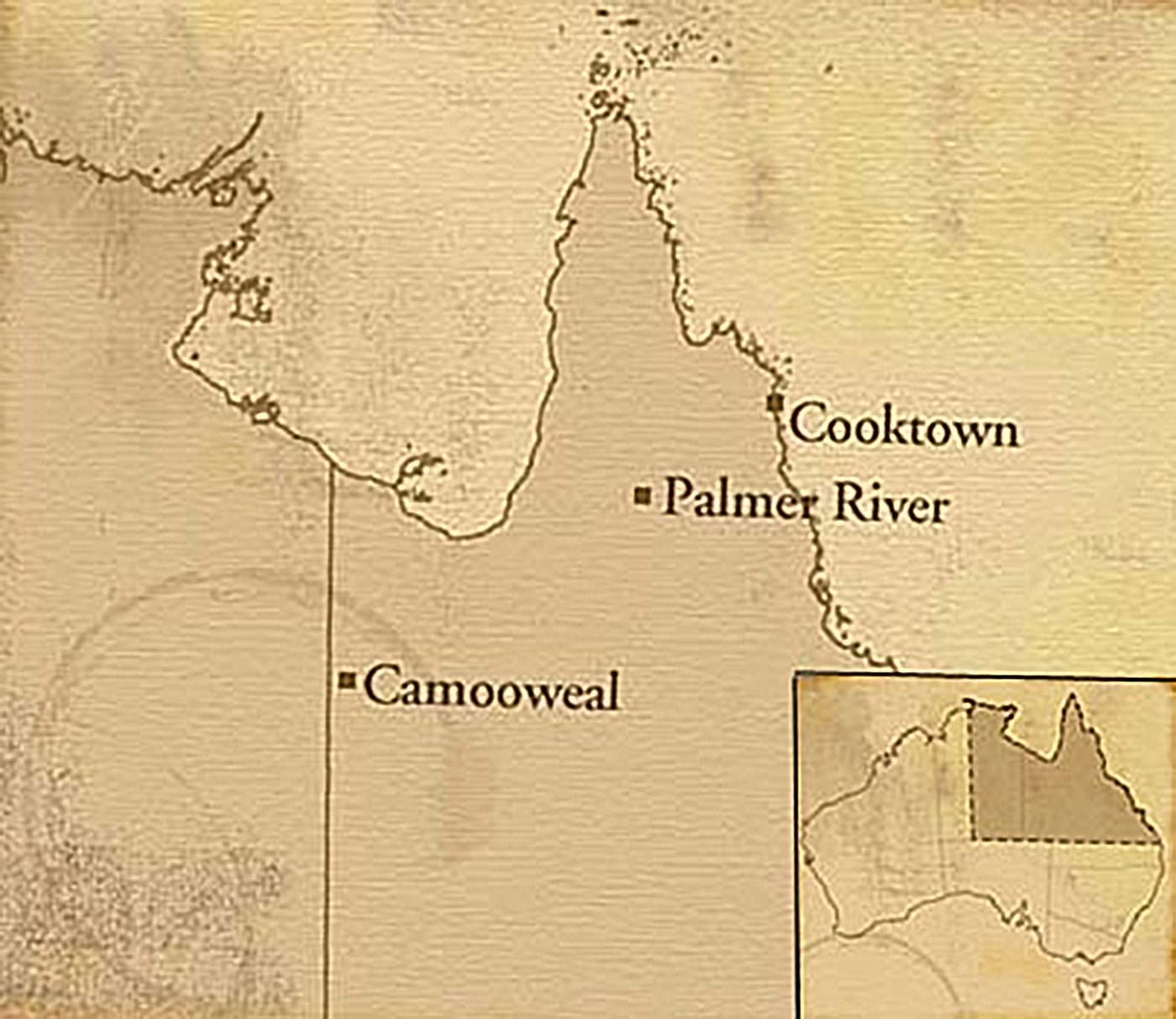 Portion of map of Australia showing the top of Queensland. Camooweal is marked on its border with the Northern Territory, with Cooktown above to the east. Palmer River is marked to the southwest of Cooktown.
