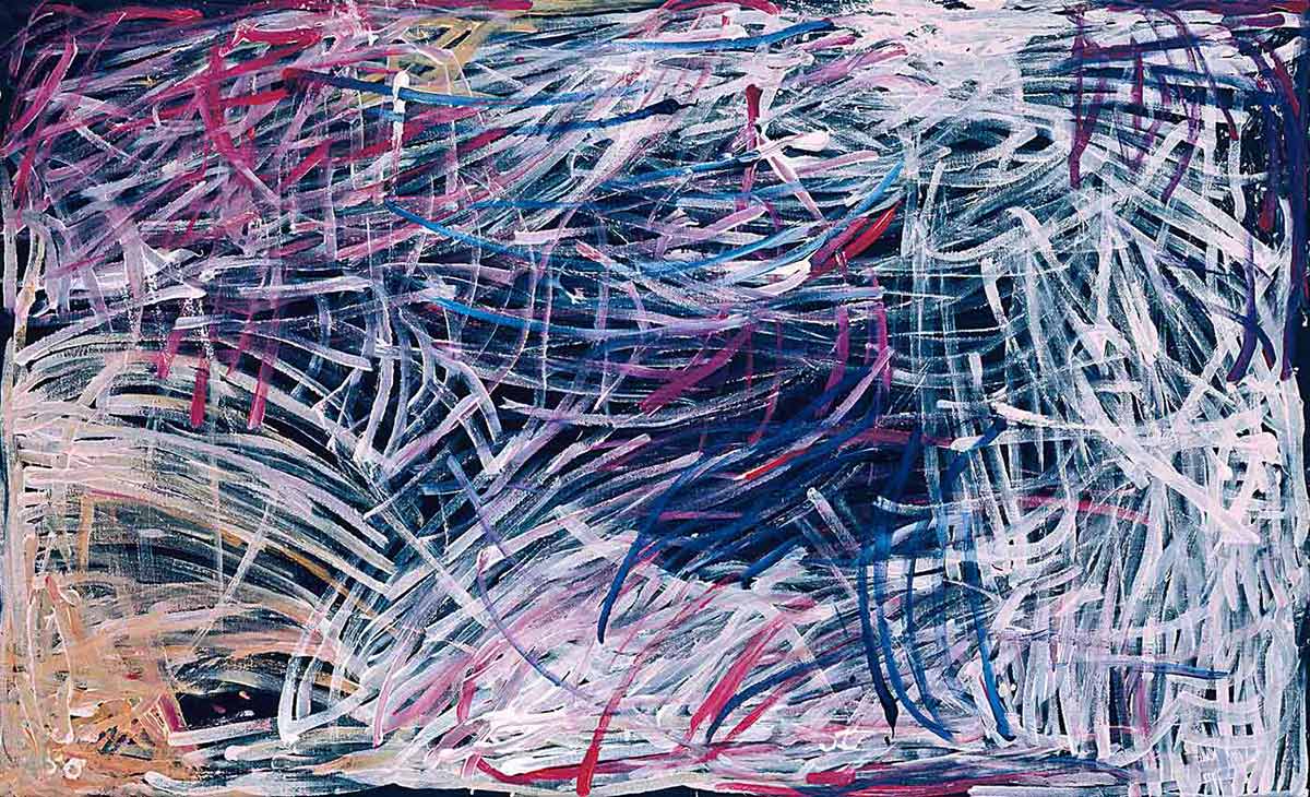 Abstract painting in shades of dark blue, pink and white.