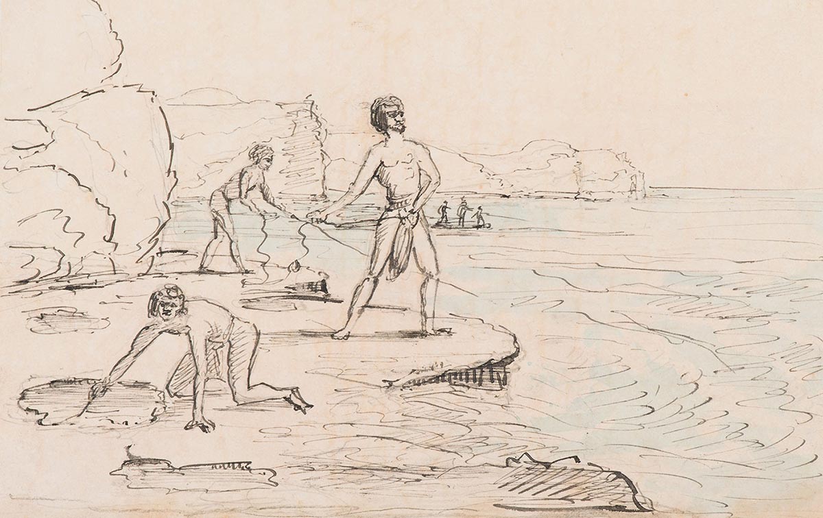 An old sketch of men fishing from a rock platform.