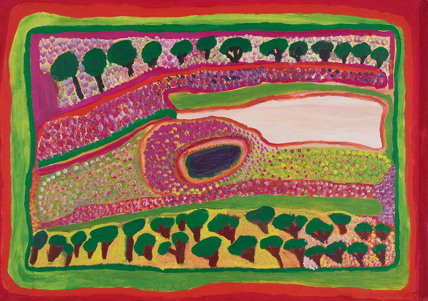 A painting on canvas with rows of trees with brown-black trunks and green foliage against a background of pink or yellow-green at the top and bottom. In the centre there is a dark purple oval shape edged with several bands of colour and surrounded by outlined shapes filled with dots of magenta, red, green, lime, black and white. To the right of the purple oval is a pale peach coloured area. The edge of the painting has multiple borders in red, orange, lime and green.