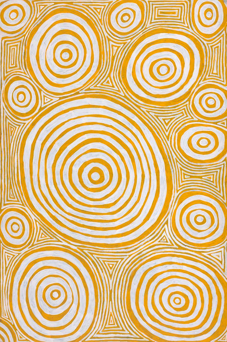 An acrylic on canvas circle and line painting. Several yellow and white circles are depicted across the painting with identical coloured lines in between.
