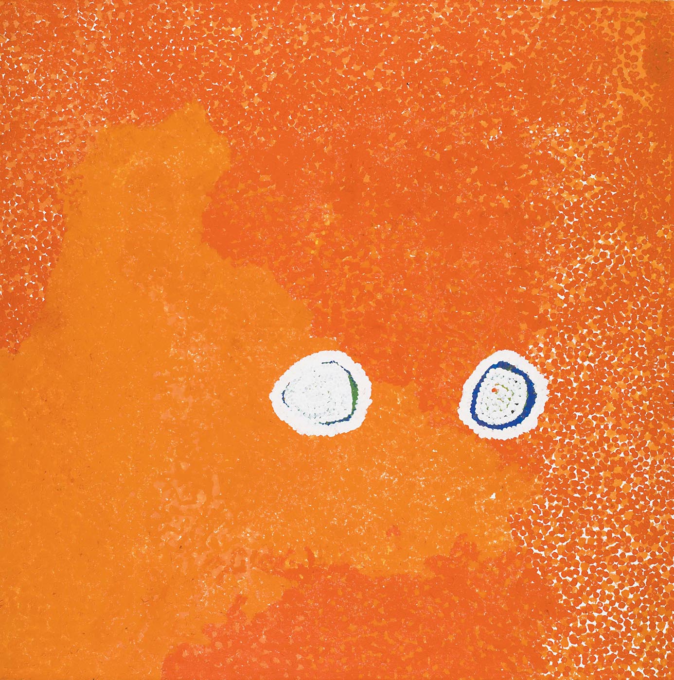 An orange toned textured painting on canvas with two white edged ovals in a horizontal line. The background is dark orange dotted in the upper right corner and lighter in lower left. The two ovals have a blue green background edged with white dots, with a central dotted white section leaving a very thin section of the blue showing.