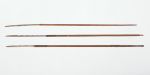 Arrows tsee’hatte Three short arrows made of fir wood, and a bone point with barbs cut out on one side. The shaft ends are wrapped with cherry bark strips and split feather quills.