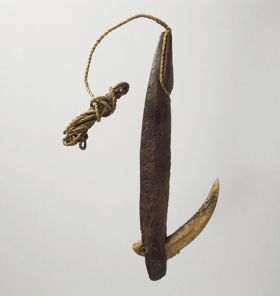 Fishhook matau okooko Fishhook with wooden shank, inserted bone point, and twisted cord as the line.
