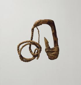 Fishhook matau Fishhook with wooden shank, bone point, and lashing of twisted cords of plant material.