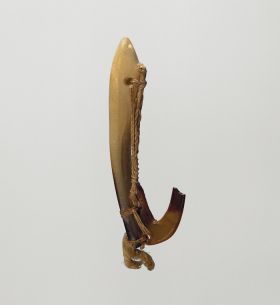 Fishhook mata’u Fishhook with mother-of-pearl shank, the hook made of tortoiseshell, both secured together with plaited cord of plant fibre to form the line.