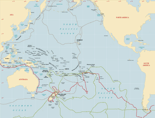 Map of Captain Cook's three Pacific voyages (1768&minus;1779)