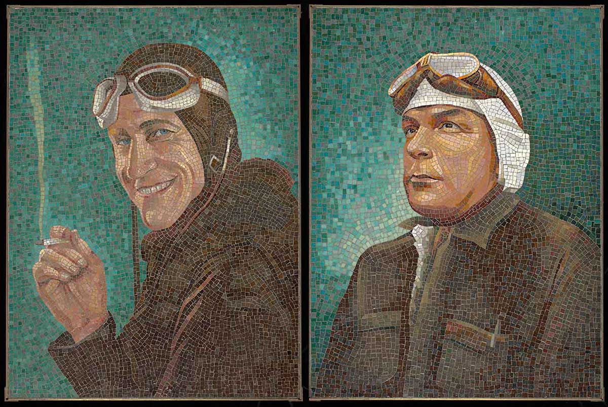 Composite of two images featuring mosaic artworks of male pilots.