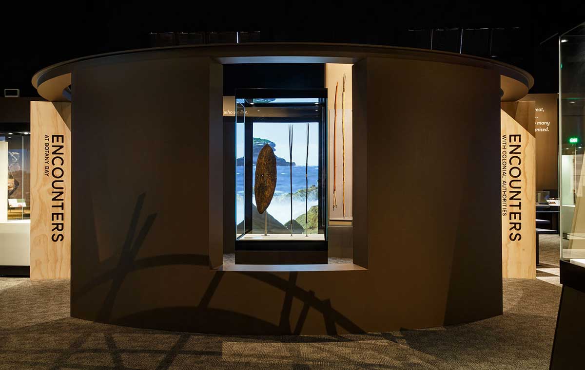 The design structure around the Gweagal shield in the Encounters exhibition.