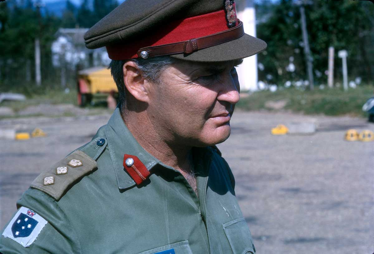 Exterior three-quarters profile photo of Serong in a colonel’s uniform.