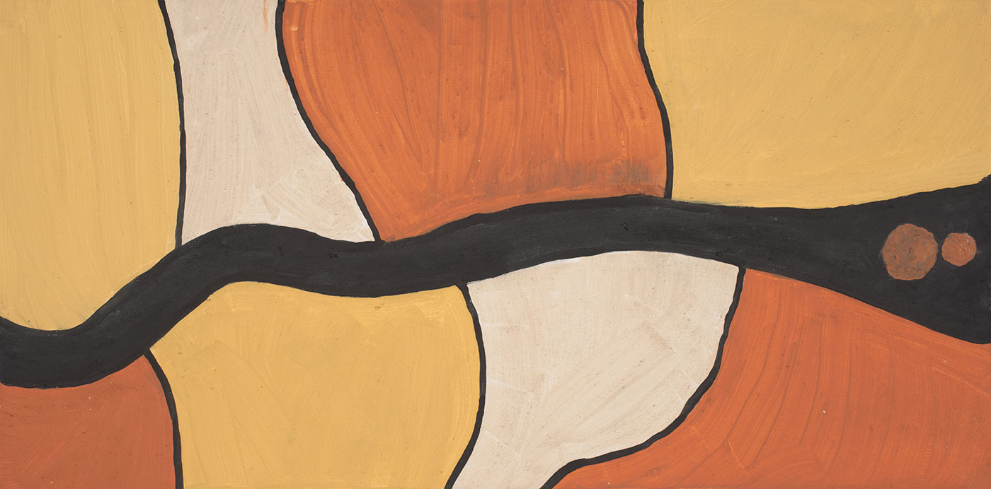 A painting on canvas which features a horizontal wavy black line across the centre, four coloured sections either side of the black line, and two large orange dots to the right.