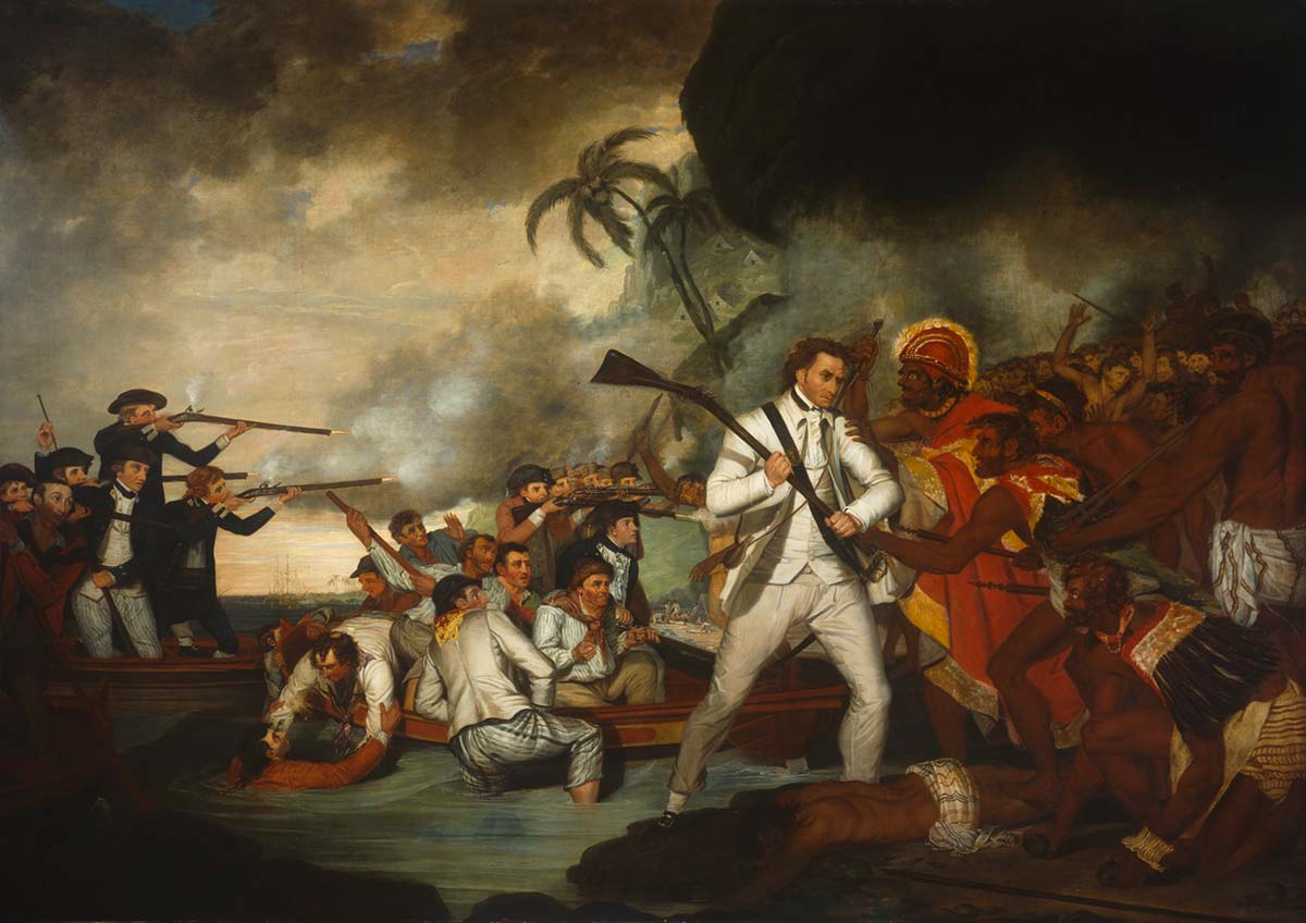 Oil painting of a scene where Captain Cook, holding a weapon, is facing a large group of men also holding weapons. There's a body on the ground at Cook's feet and behind him is a couple of groups of men dressed similarly to him.