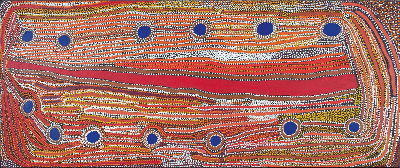 An acrylic dot and line painting on linen, featuring a vertical red line at the centre which is narrower at the top than the bottom, surrounded by thirteen blue dots to the left and right of the red line. The rest of the painting contains alternating white, yellow, brown and orange lines and dots.