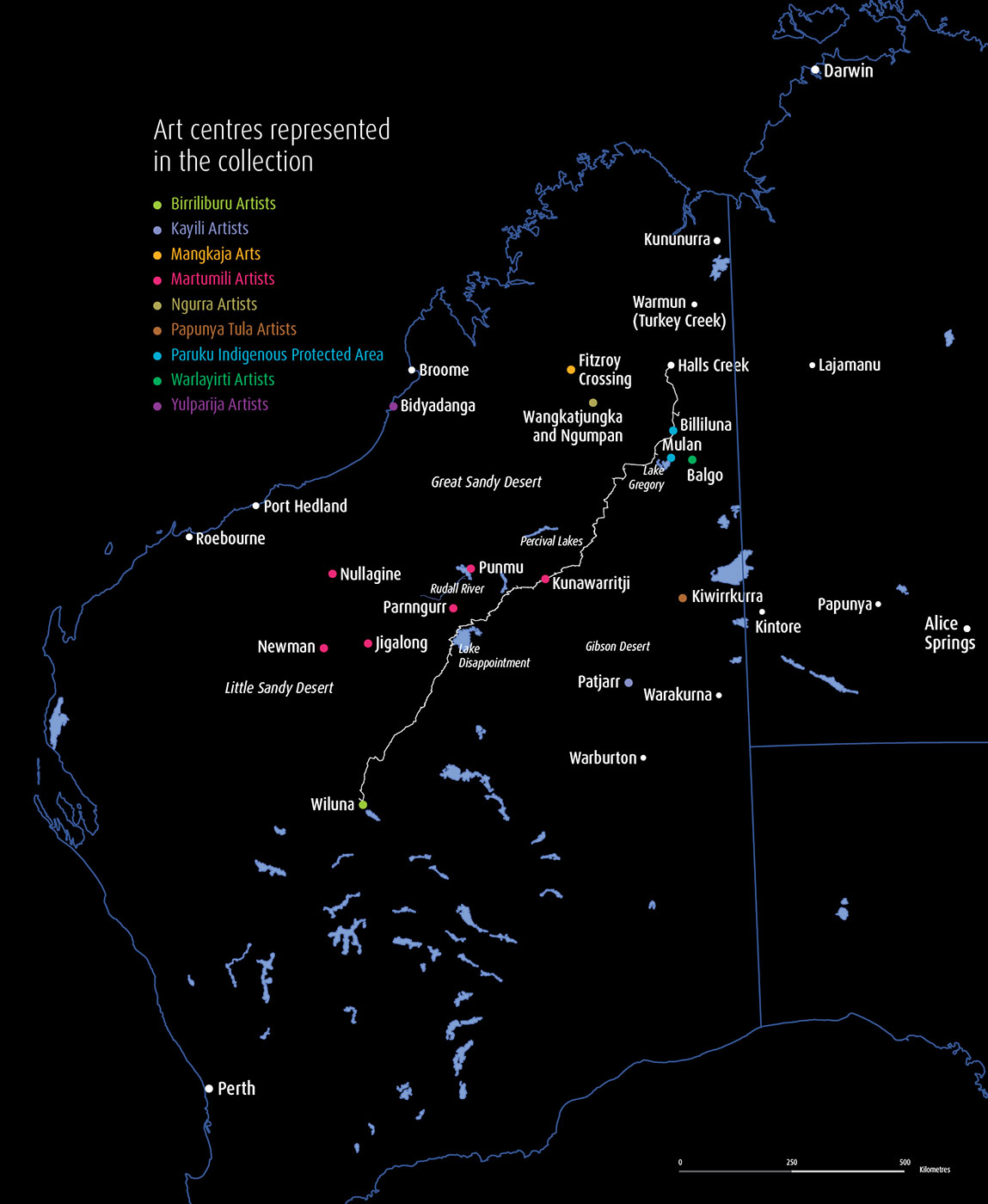 A map featuring the North West area of Australia. To the left there is a list of artist groups under the title 'Art centres represented in the collection'.