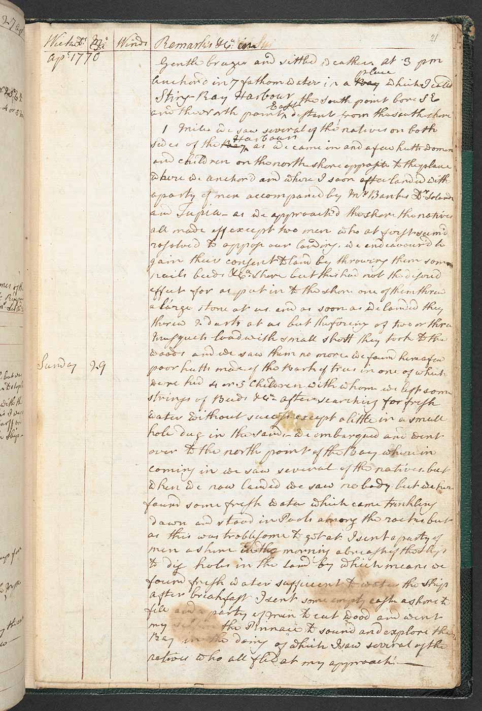 Page from a logbook featuring cursive handwriting. The pages are yellowed with age and feature various marks and stains.