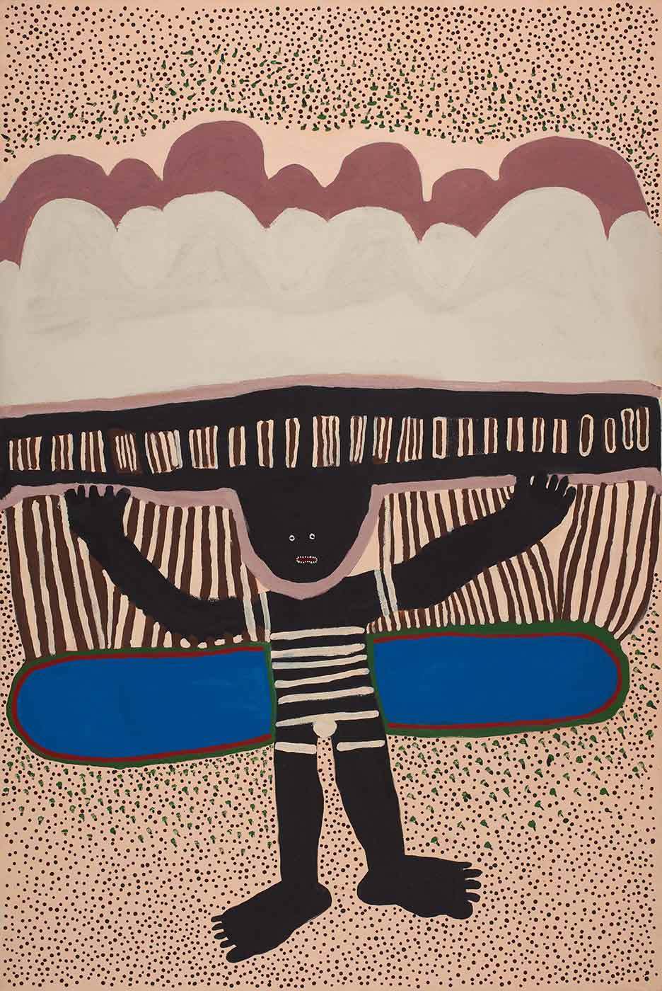 An acrylic on canvas stretched painting depicting a black human like figure with arms in the air and balancing something on it's head. A blue oval is painted behind the figure and the background is cream with green, black and brown dots.