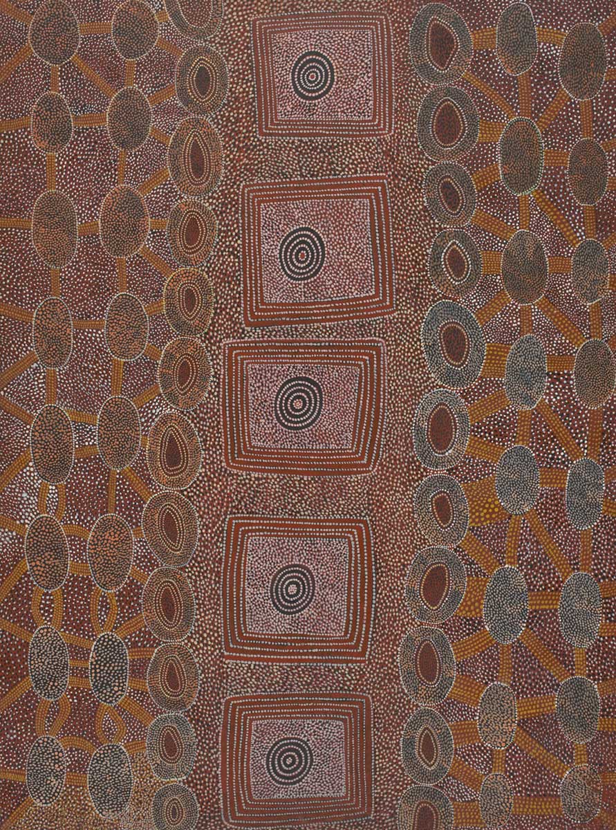 Painting with a red-brown background and five central squares rendered in white dots, with black rings at the centre. A series of concentric circles runs down either side.