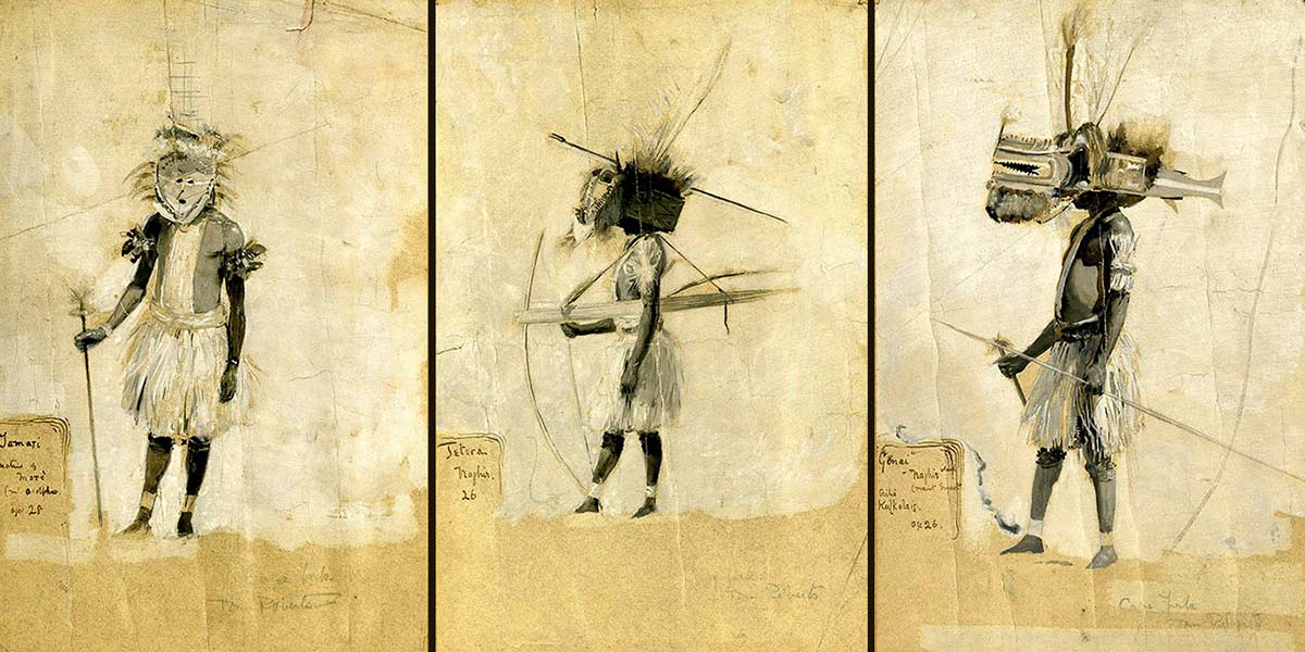 Composite image of a painting depicting men in tribal clothing.