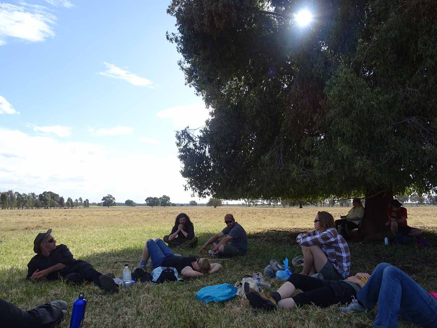 Group of walkers sitting and lying in the shade under a kurrajong