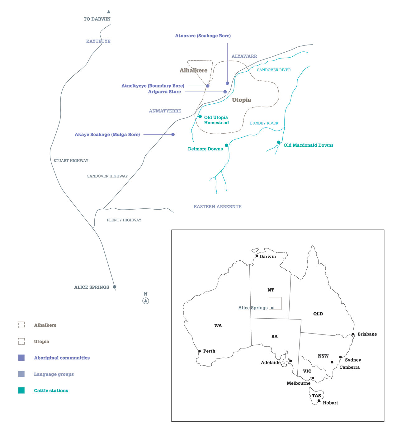 Map of Australia and the Northern Territory showing areas of Utopia and Alhalkere.