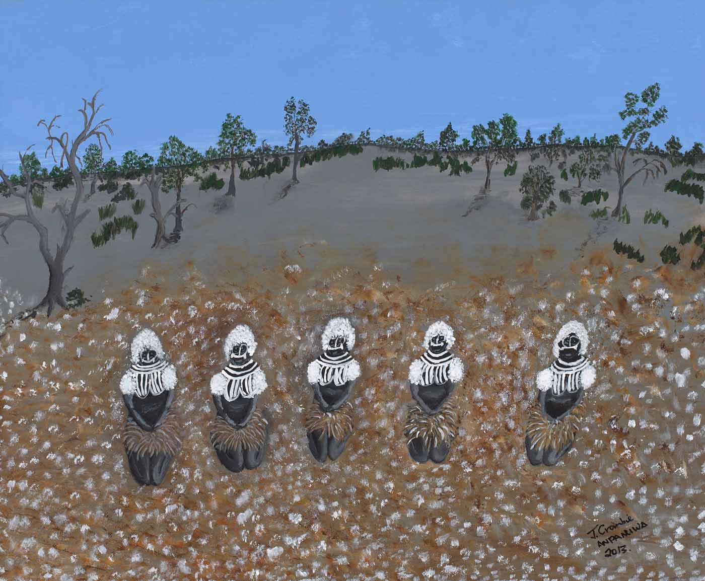 Painting of five women kneeling on the ground in a desert landscape.