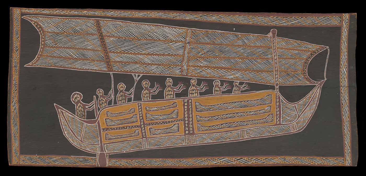 Bark painting, made from ochres on bark, featuring a large sailing boat, with a rectangular sail, containing eight stylised human figures including an oarsman at the vessel's stern. The boat has nine small canoes attached to its side.