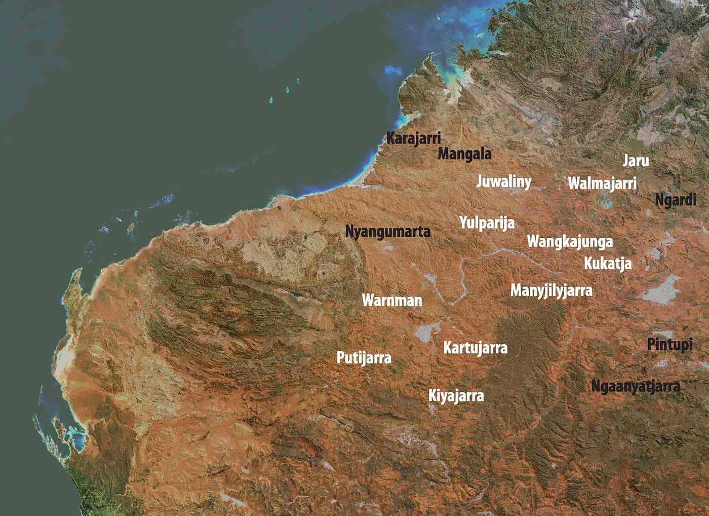 Map of north west Australia indicating language groups in the region crossed by the Canning Stock Route. White text indicates language groups that cross or closely border the route. Groups in white text are: Jaru, Juwaliny, Kartujarra, Kiyajarra, Putijarra, Walmajarri and Wangkajunga. Groups in black text are: Karajarri, Ngaanyatjarra, Ngardi, Nyangumarta and Mangala.