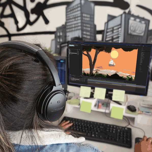 Gif of a person with headphones viewing a computer screen with an animation of a seascape.