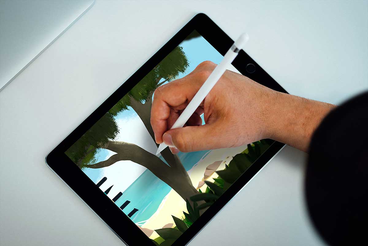 Colour photograph of hand drawing on a digital pad with a digital pen.