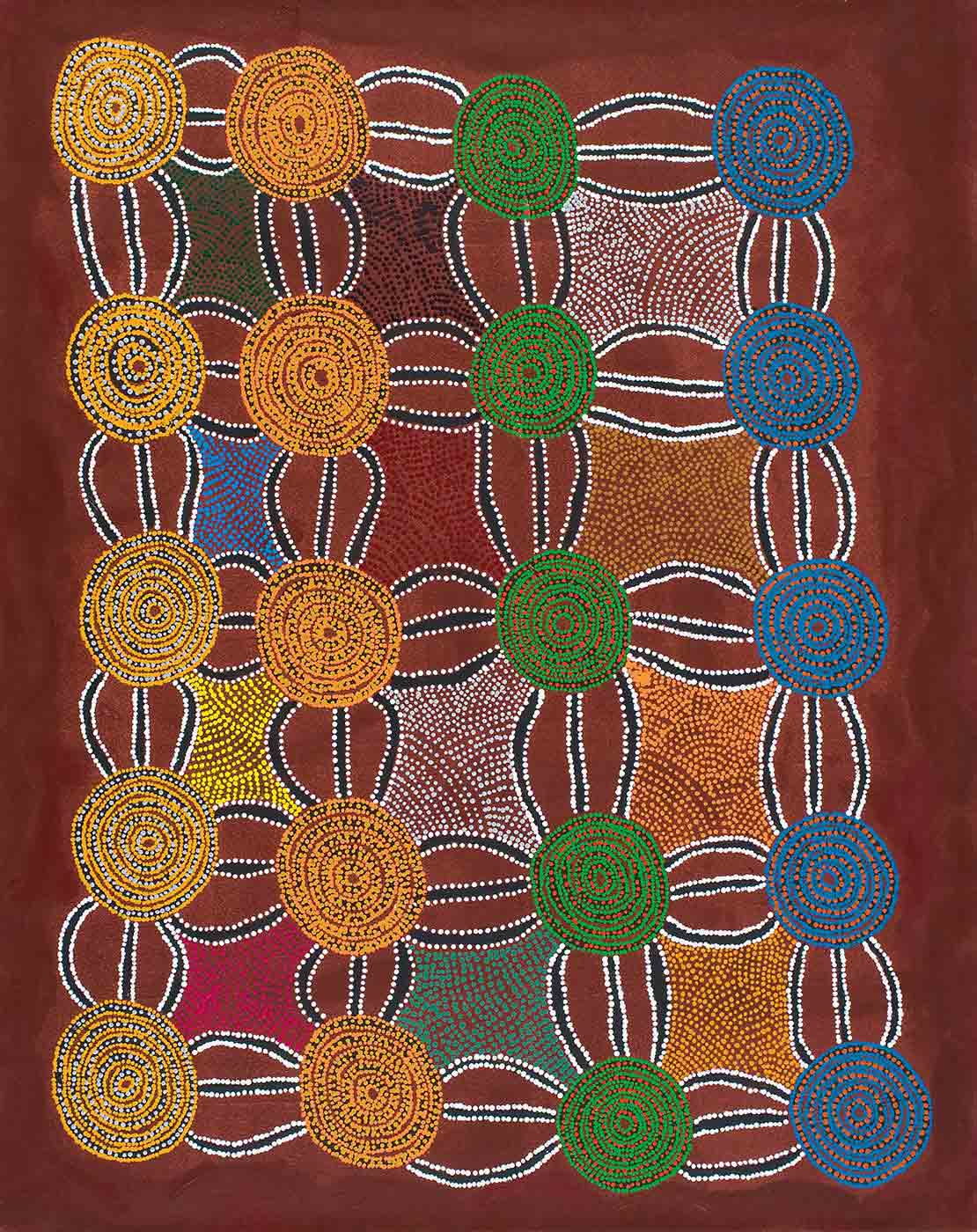 A dot painting on canvas in a grid pattern of concentric dotted circles connected by one straight line which is flanked by two curved lines. There are four vertical lines of five concentric circles in yellow and silver, orange and brown, green and red and blue and yellow over solid black rings. The connecting lines are black with white edges. The spaces between the grid pattern have been filled with dots in orange, green, grey, yellow, red, brown, blue, maroon, and black.