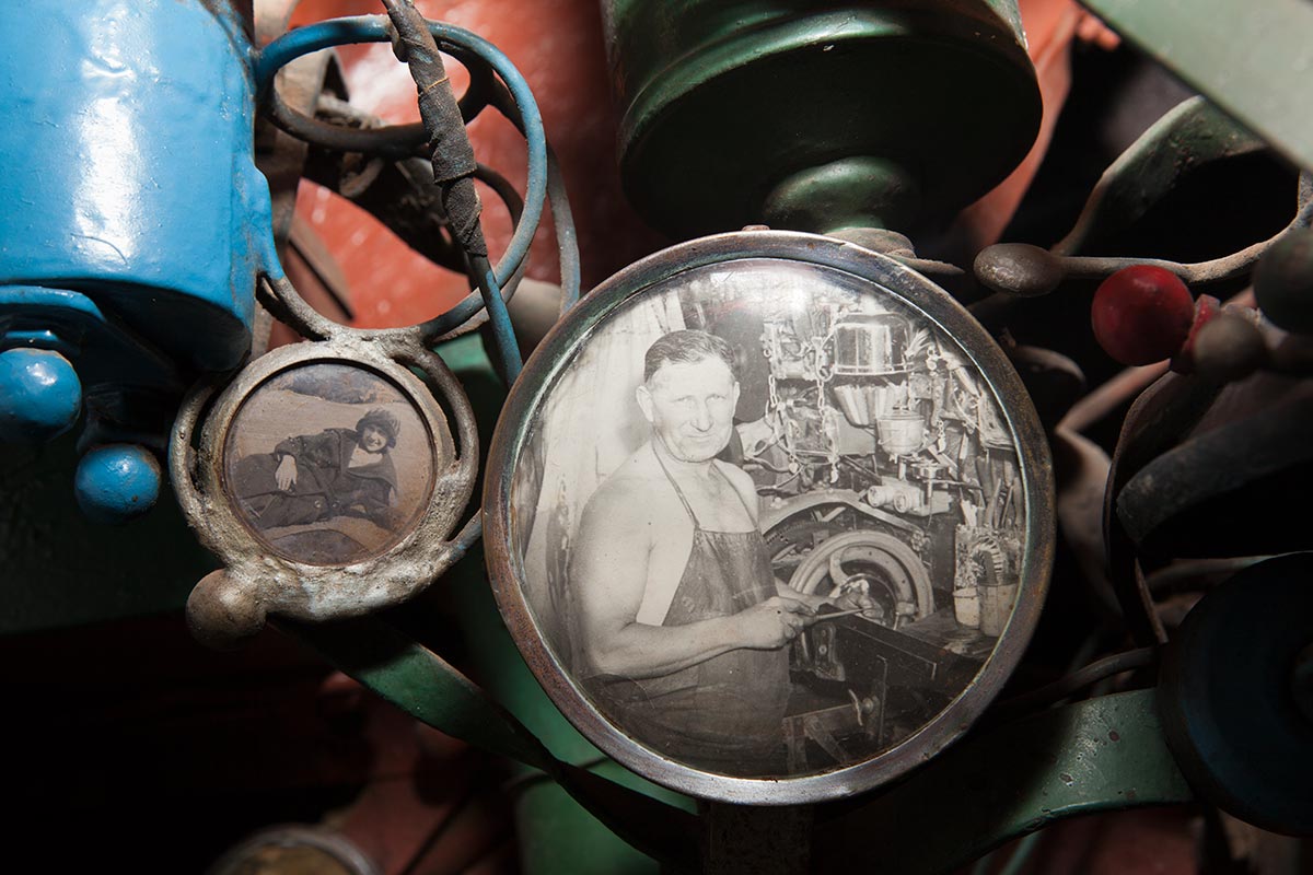 One of the framed photographs that adorn the wagon, showing Harold Wright at work.