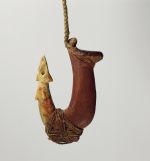 Fishhook matau Two-part fishhook made of wood with twisted cord and lashing made of plant material.