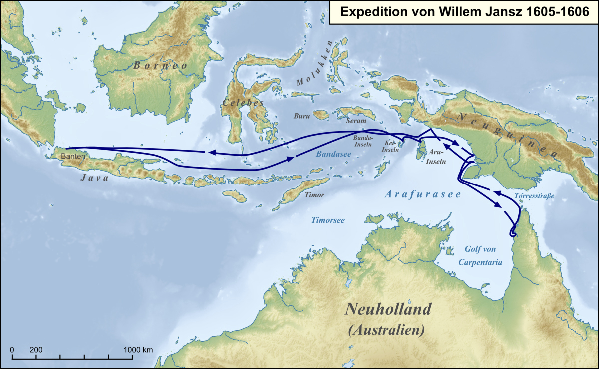Map of northern Australia and the Indonesian archipelago showing the Duyfken’s route from Banda to Cape York and back.