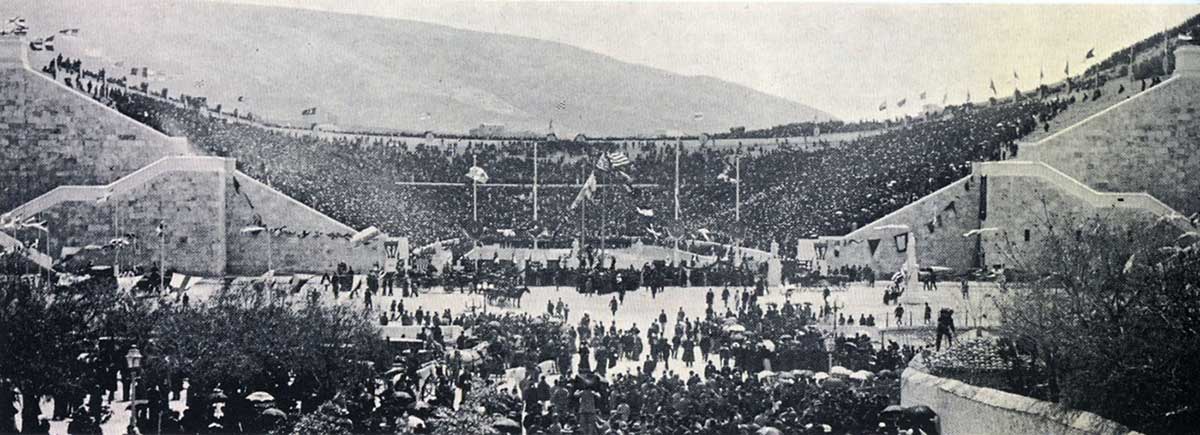 The Panathenaic Stadium in Athens during the first day of the 1896 Olympic Games.
