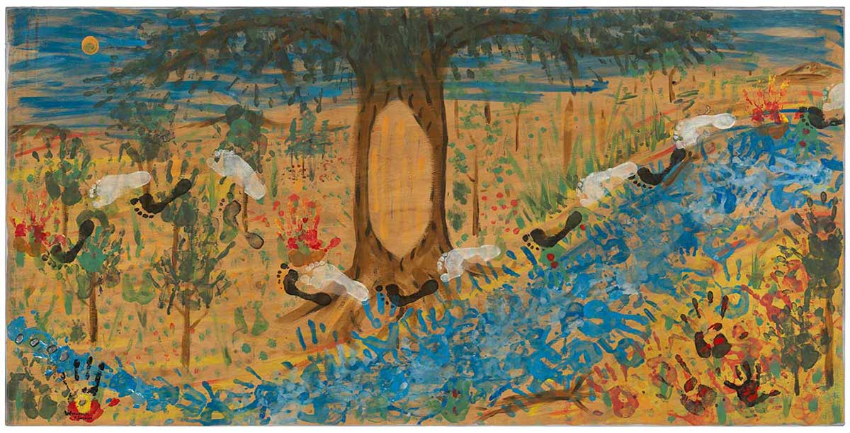 A painting on board featuring a blue river or stream, a blue sky, and a tree surrounded by other smaller trees and foliage. Merging within the landscape are hand and feet prints made of paint.