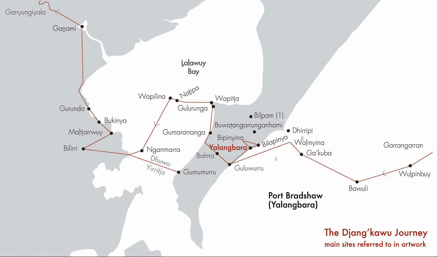 A map showing a journey across a region. The land area is depicted in white, while water is shown in grey. Many locations on the map are connected by a thin brown line. The line crosses water in at least two instances.
