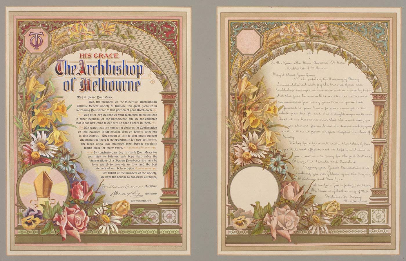 Page from a religious-themed book featuring calligraphy, ornate borders and illustrations.