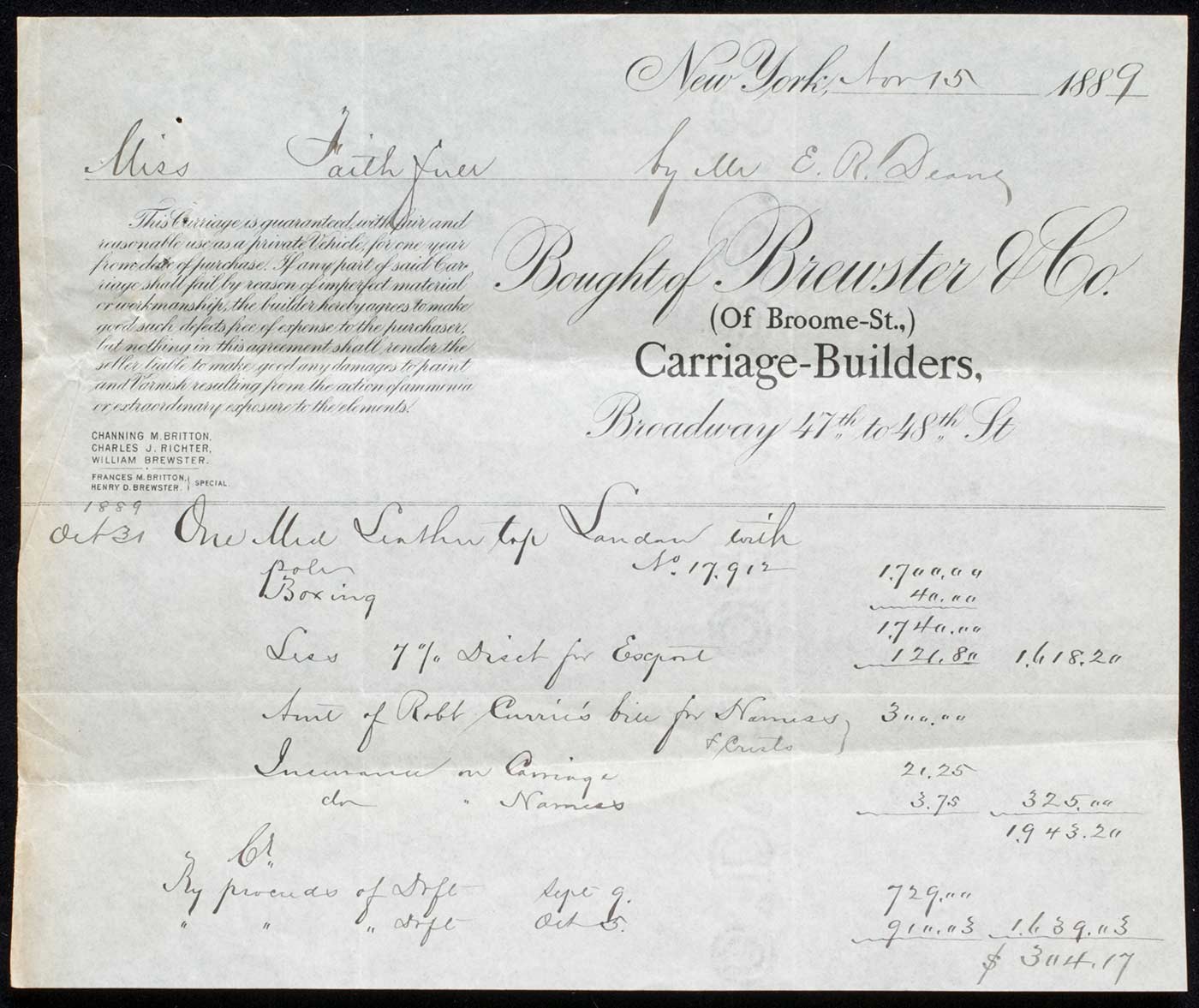 Receipt on letterhead of Brewster & Co. carriage builders completed in ink.