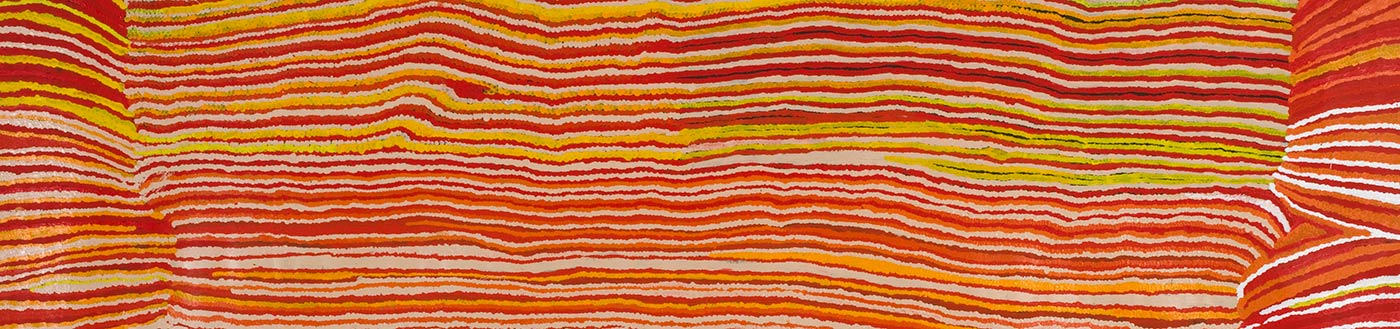 A long horizontally striped painting on canvas in red, orange, yellow white and beige wavy lines. At both ends are sections of horizontal stripes that are offset and at different angles from the central section. The right side has more white and dark red stripes while the left side has more yellow stripes.