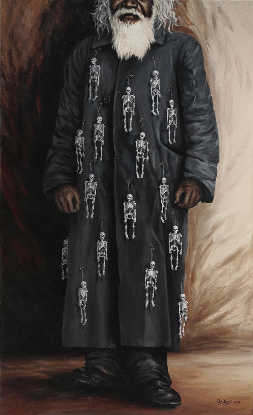 Oil painting of a man wearing a dark long coat with multiple skeletons hanging from safety pins.