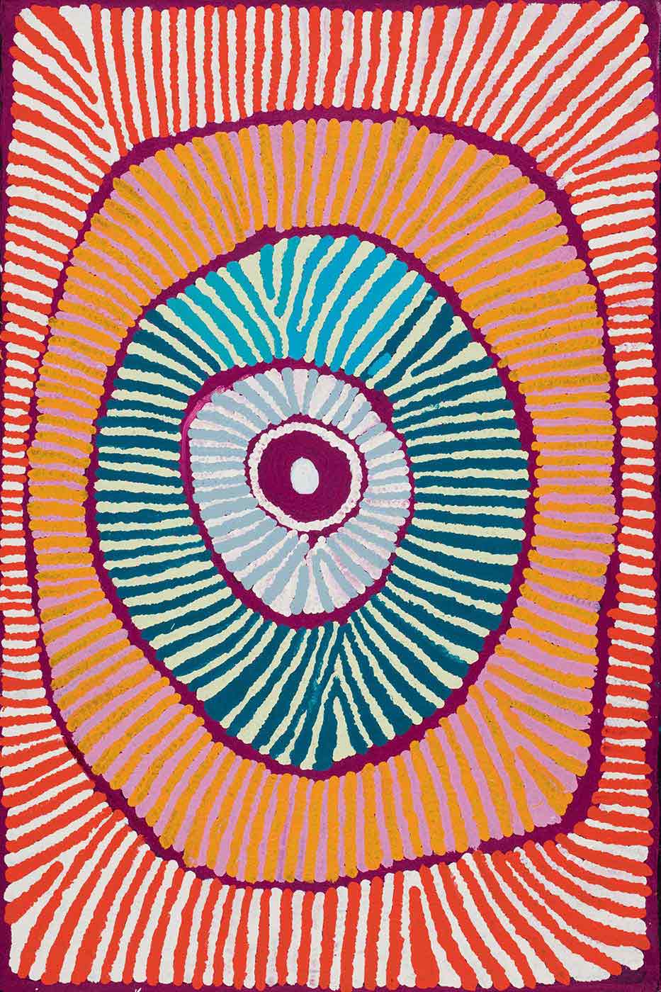 A painting on brown linen of a concentric circle with radiating lines within each ring, on a background of purple. The colours include grey with pink, cream with dark green, yellow with purple-pink and orange with cream.