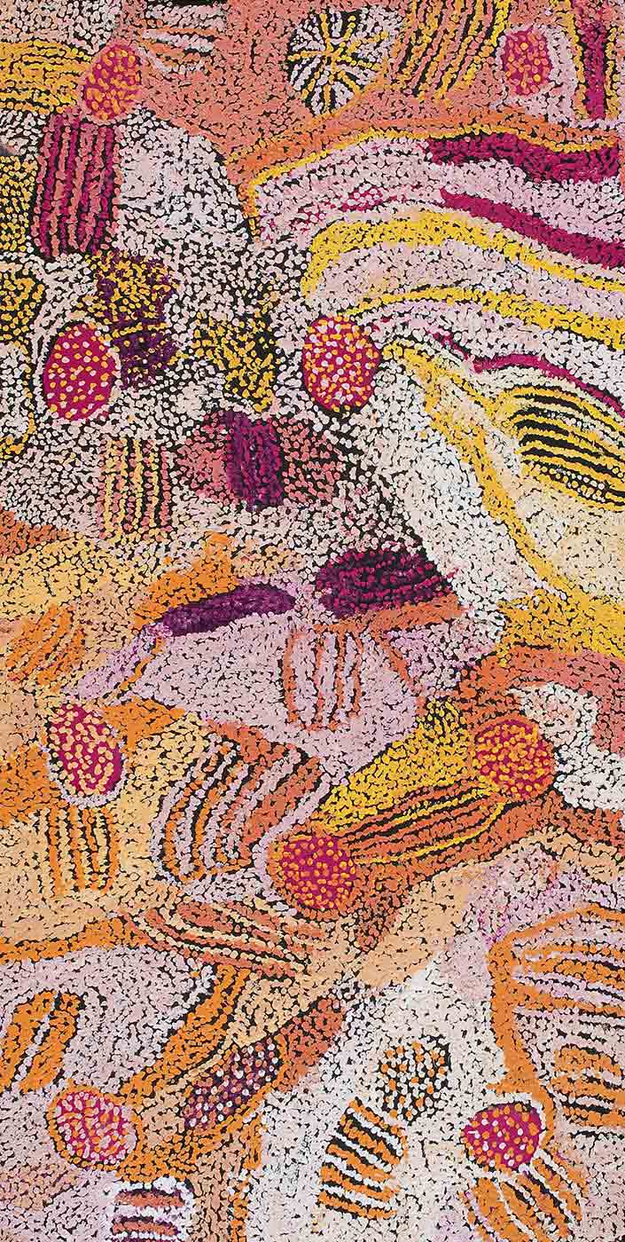 A textured heavily dotted multicoloured painting on brown linen with three purple and pink dotted ovals creating a triangular feature in the centre of the painting. The painting is covered with dot filled sections in pastels of yellow, pink, apricot, lavender and white. There are nine round dark pink shapes spaced across the canvas, and covered in a combination of yellow, orange or pink dots. In the top right corner are two dark pink parallel horizontal curved dotted lines, and at the top centre is a spoked wheel shaped motif of dots in yellow and pink on the black background.