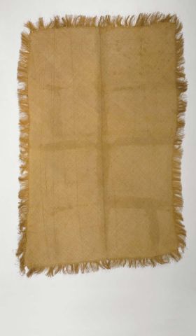 Mat A piece of very fine matting with a fringed border made of light brown plantain leaf fibres.