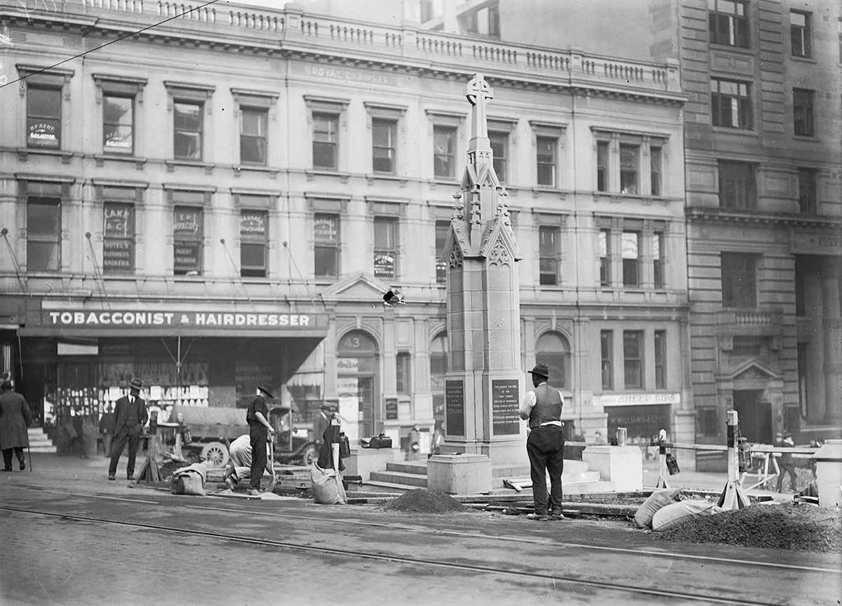 Black and white photo of memorial of first church in Sydney.